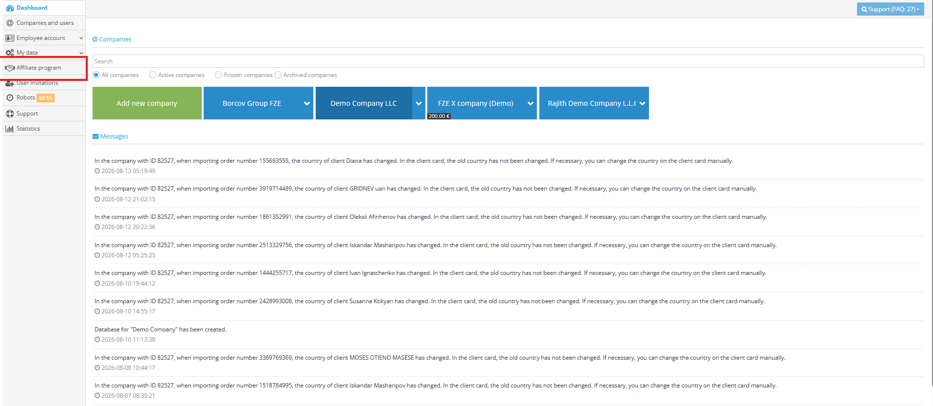 Accounting dashboard showing the Affiliate program option highlighted under My data in the left-side menu.
